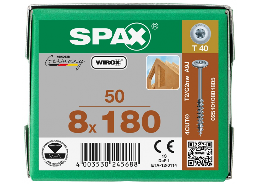 Constructieschroef SPAX DK 8 x180 T40 /50st Wirox