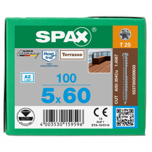 Terrasschroef SPAX 5.0 x 60 T25 /100st Inox A2