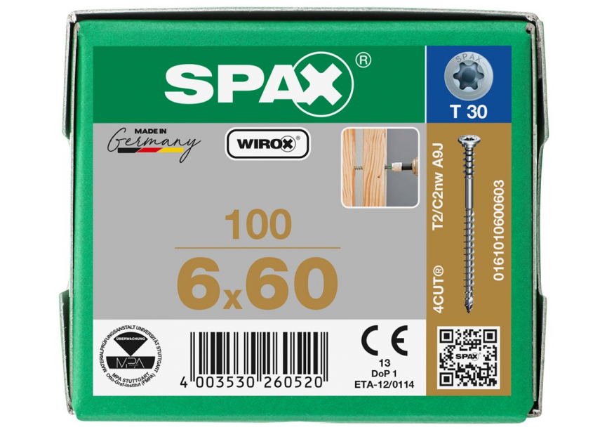 Afstandsschroef SPAX 6.0 x 60 T30 /100st Wirox (0161010600603)