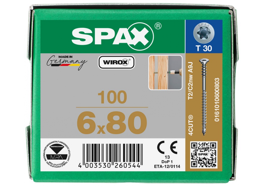Afstandsschroef SPAX 6.0 x 80 T30 /100st Wirox (0161010600803)