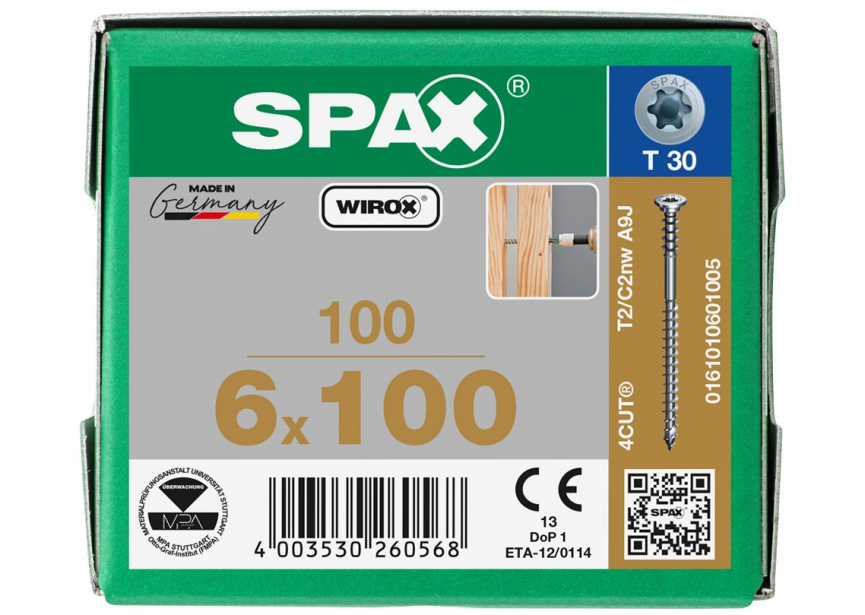 Afstandsschroef SPAX 6.0 x100 T30 /100st Wirox (0161010601005)