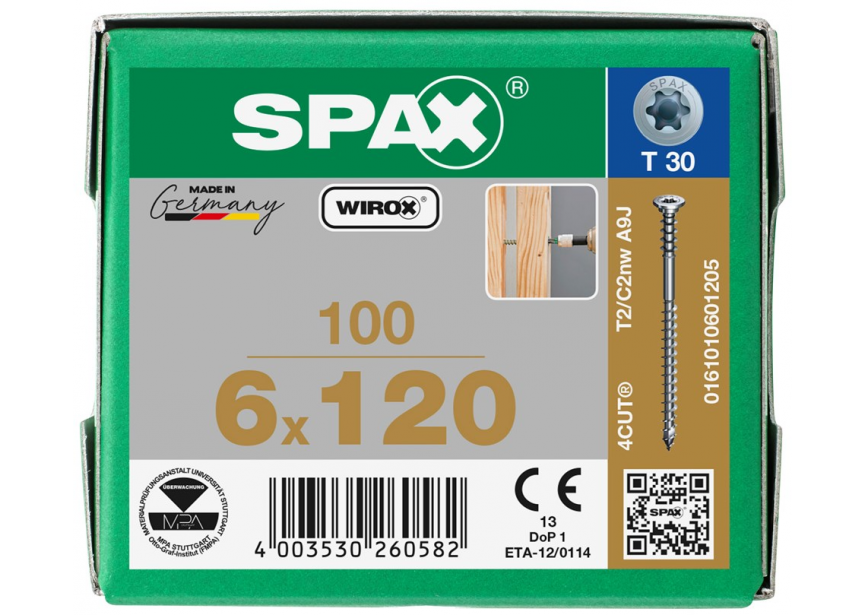 Afstandsschroef SPAX 6.0 x120 T30 /100st Wirox (0161010601205)