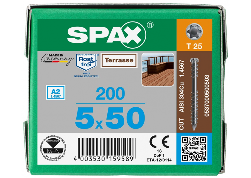Terrasschroef SPAX 5.0 x 50 T25 /200st Inox A2