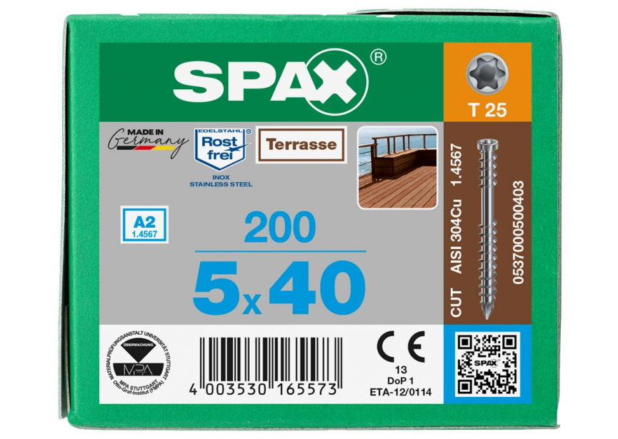 Terrasschroef SPAX 5.0 x 40 T25 /200st Inox A2