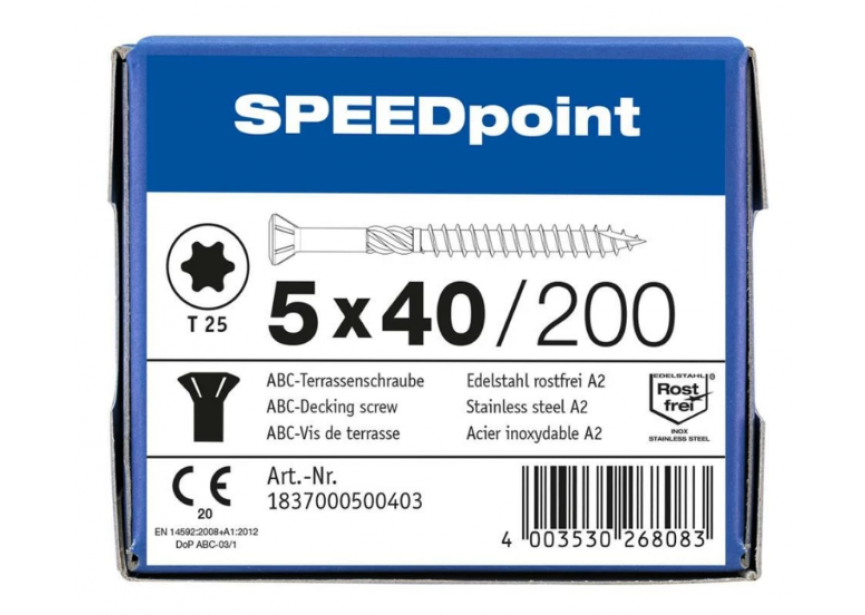 Terrasschroef SPEEDpoint 5.0 x 40 /200st Inox A2 T25