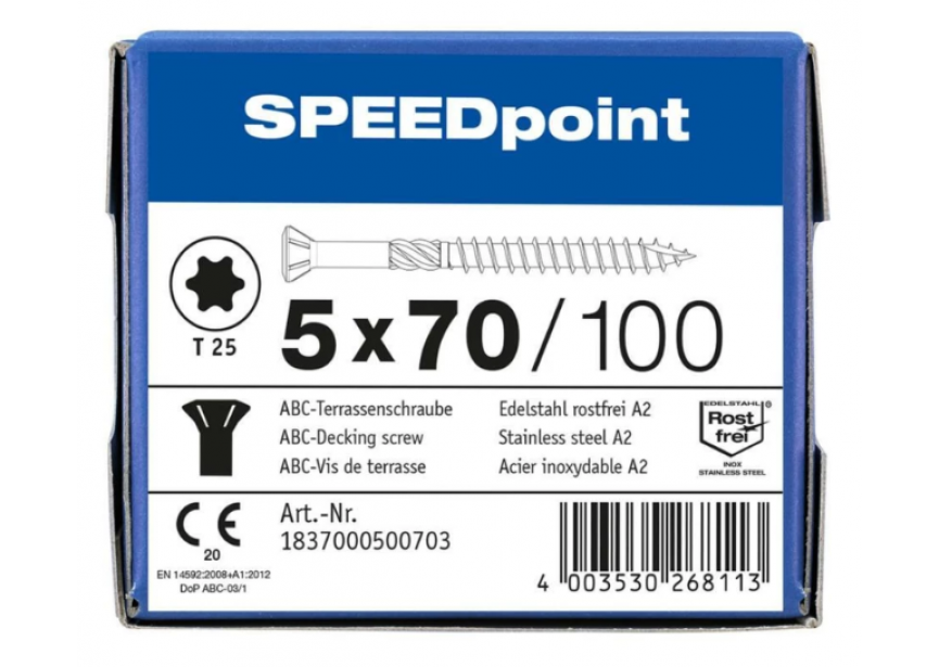 Terrasschroef SPEEDpoint 5.0 x 70 /100st Inox A2 T25