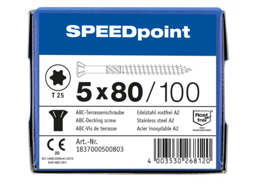 Terrasschroef SPEEDpoint 5.0 x 80 /100st Inox A2 T25