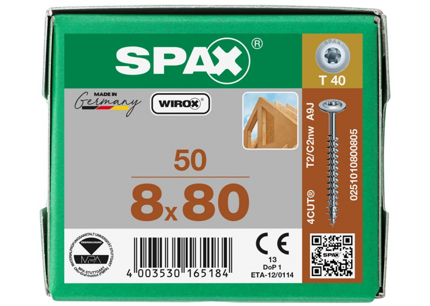 Constructieschroef SPAX DK 8 x 80 T40 /50st Wirox