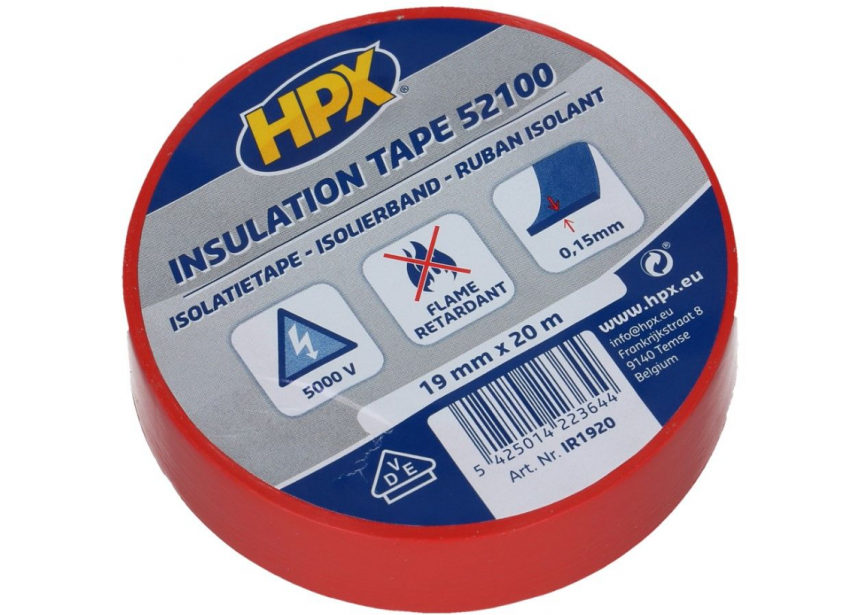 Isolatietape HPX 52100 19mmx20m rood 